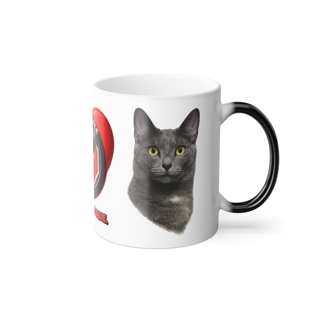 Color-Changing Unstoppable Heart Cat Mug — "Be Unstoppable" 11oz Morphing Coffee Cup featuring Stormy Cat