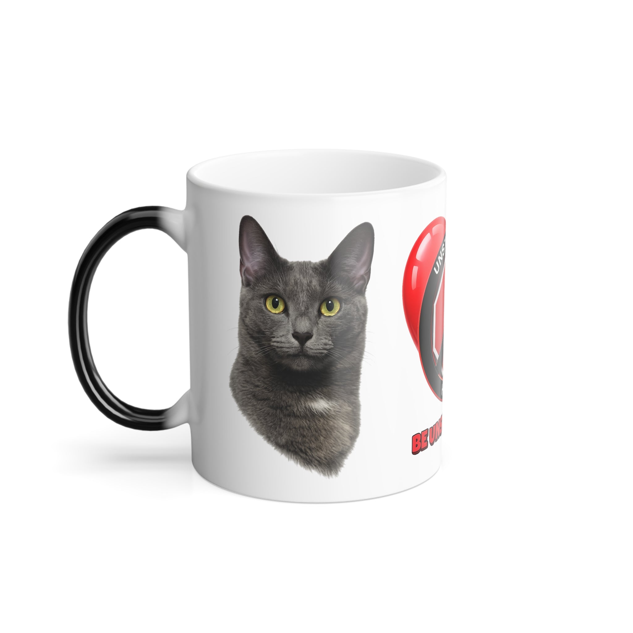 Color-Changing Unstoppable Heart Cat Mug — "Be Unstoppable" 11oz Morphing Coffee Cup featuring Stormy Cat